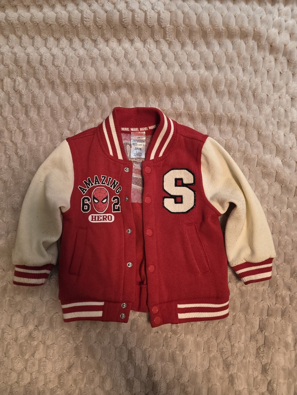 Marvel Red & Cream Kids' Varsity Jacket with Spider-Man Patch